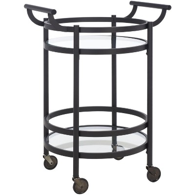 Contemporary Chic Matte Black Round Bar Cart with Glass Shelves