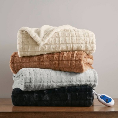 Oversized Black Faux Fur Electric Heated Throw Blanket