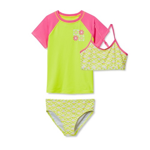 Lands' End Kids Chlorine Resistant Short Sleeve Rash Guard 3 Piece Swimsuit Set - Small - Neon Yellow Floral Check