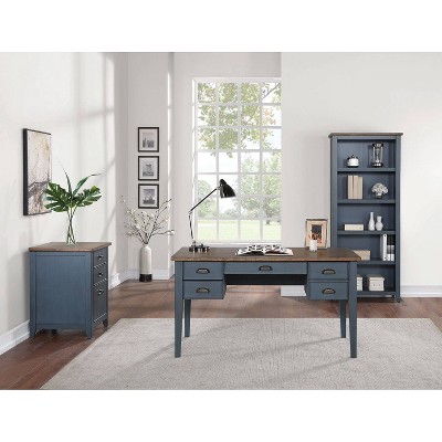 Transitional Blue-Brown Wood Executive Desk with Power Outlet and Drawers