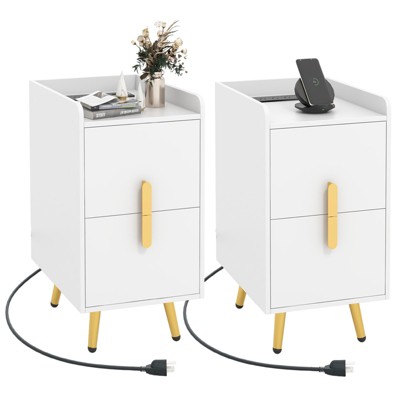 Tangkula Set of 2 Nightstand w/ Charging Station Home Bedside Sofa Side Tables w/ 2 Drawers