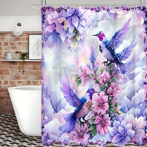Paaaawaters 1pc Enchanting Purple Hummingbird Shower Curtain Set with Waterproof Floral Design, 12 Easy-Glide Hooks - 1 of 4