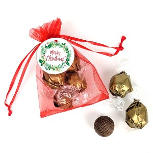 Merry Christmas Red Organza Bag Favor Filled With Milk Chocolate Dubai Truffles For Gifting, Holiday Favors, Party Giveaways & More - Wreath - 1 of 4