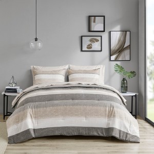 7 Pcs Stylish Bed in a Bag Stripe Print Comforter Set, All Season Ultra Soft Touch Bedding Sets, Contemporary Style Dorm Bed Set with Matching Shams - 1 of 4