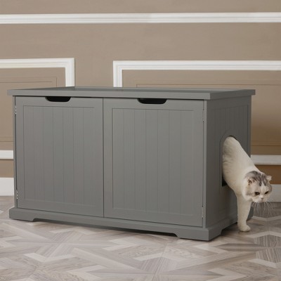 Gray Wooden Cat Washroom Bench with Removable Partition
