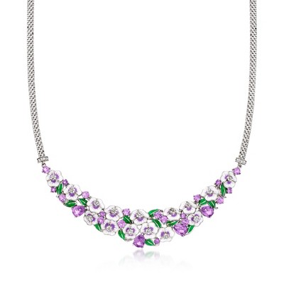 Ross-Simons 7.80 ct. t.w. Amethyst and .90 ct. t.w. White Topaz Floral Necklace With Multicolored Enamel in Sterling Silver Size 20