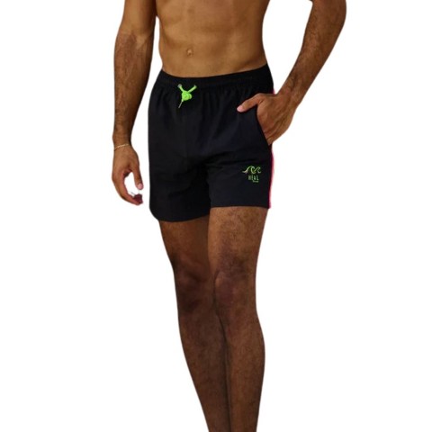 HEAT Swimwear Mens Double Neon Stripe Tie Front Board Short Swim Trunks, Black, Medium