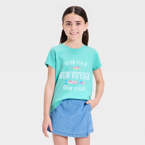 Детские Cat & Jack Girls' Short Sleeve 'Bon Voyage' Graphic T-Shirt - Cat & Jack™ Aqua Green M