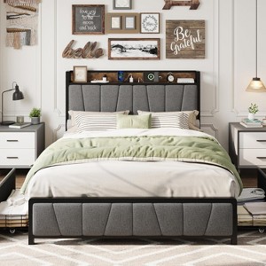 King Size Bed Frame, Storage Headboard with Charging Station, Solid and Stable, Noise Free, No Box Spring Needed, Easy Assembly - 1 of 4