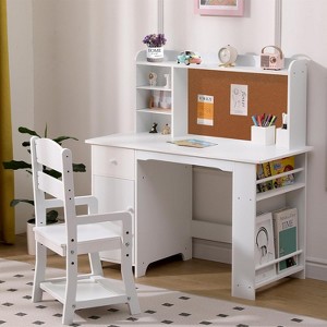 Kids Desk, Study Desk and Chair Set for Boys and Girl, Wooden Kids Writing Table with Bookshelf, Bulletin Board, Cabinet and Drawer - 1 of 4
