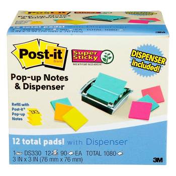 Post-it Pop-Up Super Sticky Notes Dispenser Value Pack, 3 x 3 Inches, Assorted Colors, 12 Pads of 90 Sheets