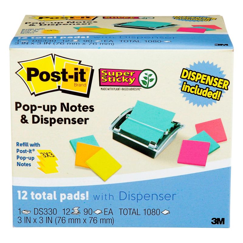 Post-it Pop-Up Super Sticky Notes Dispenser Value Pack, 3 x 3 Inches, Assorted Colors, 12 Pads of 90 Sheets, 1 of 6