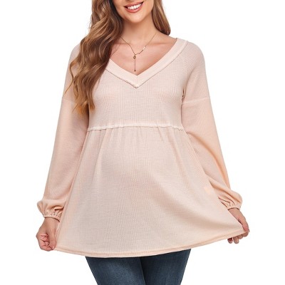Womens Maternity Blouse V Neck Long Sleeve Waffle Knit Blouse
