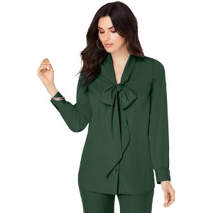 Roaman's Women's Plus Size Long Sleeve Bow Blouse - 1 of 4
