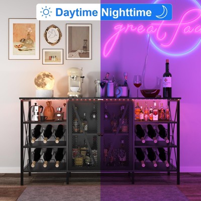 Wine Cabinet with LED Lighting, Metal Sideboard & Stemware Rack, Rustic Buffet Console for Living Room