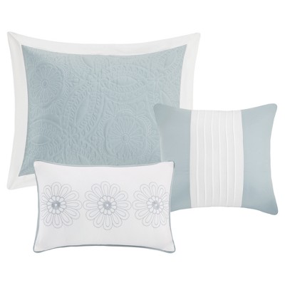 Blue Reversible Microfiber Queen Bedspread Set with Shams and Pillows
