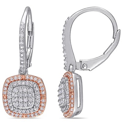 EVERLY JEWELRY | Two-Tone Sterling Silver 1/2 CT TDW Diamond Grid Halo Leverback Earrings