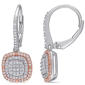 EVERLY JEWELRY | Two-Tone Sterling Silver 1/2 CT TDW Diamond Grid Halo Leverback Earrings - 1 of 4