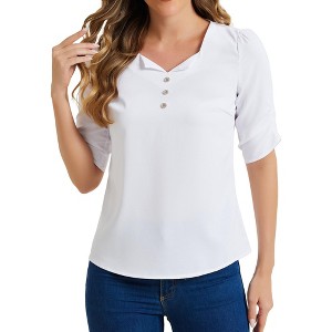 Allegra K Women's Square Split Neck Pleated Short Sleeve Office Work Top - 1 of 4