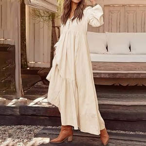 long flowy cotton dresses Women‘s V Neck Maxi Dress Long Sleeve Cotton Flowy Beach Dress Buttons and Pockets