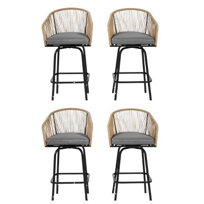 DOMETOUR 4-Piece Outdoor Rattan Bar Stools with Armrests and Backrest for Patio, Garden, Pool, Balcony, Deck - Grey
