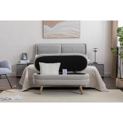 MAYEERTY Velvet Storage Bench, Wood Legs, Living Room Bedroom, Light Gray