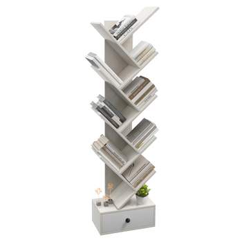Tangkula 10-tier Tree-shaped Bookshelf with Drawer 59” Wood Bookshelf w/ 10 Compartments Home Organizer Display Shelf Beige/Brown