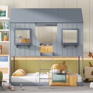 YOOCOZZ Twin Over Twin Bunk Bed Wood Bed with Roof, Window, Guardrail and Ladder - 1 of 4