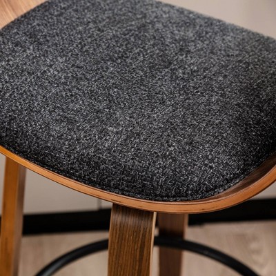 Mid-Century Modern Dark Blue Fabric Walnut Swivel Barstools, Set of 2