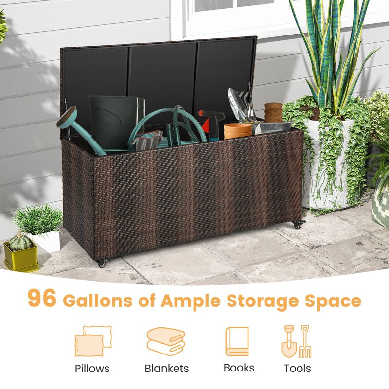 Tangkula 96 Gallon Outdoor Storage Box PE Wicker Deck Box with 4 Wheels & Waterproof Liner Patio Rattan Storage Container Mix Brown/Mix Grey, 4 of 11