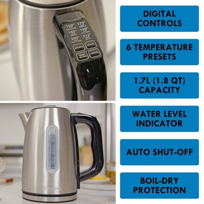 Kenmore 1.7L Stainless Steel Cordless Electric Kettle with Digital Controls