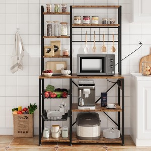 Bakers Rack with Power Outlet, Industrial Microwave Stand with 2 Wire Drawer, Large Coffee Bar Station - 1 of 4