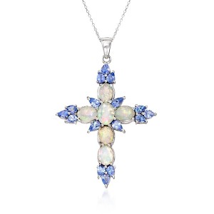 Ross-Simons Ethiopian Opal and 1.90 ct. t.w. Tanzanite Cross Pendant Necklace in Sterling Silver - 1 of 4