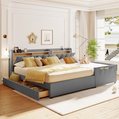 Queen Size & Twin XL Size Upholstered Platform Bed with Hydraulic Storage System, Drawer, Bedhead Storage Shelf and USB Ports, 4L -ModernLuxe