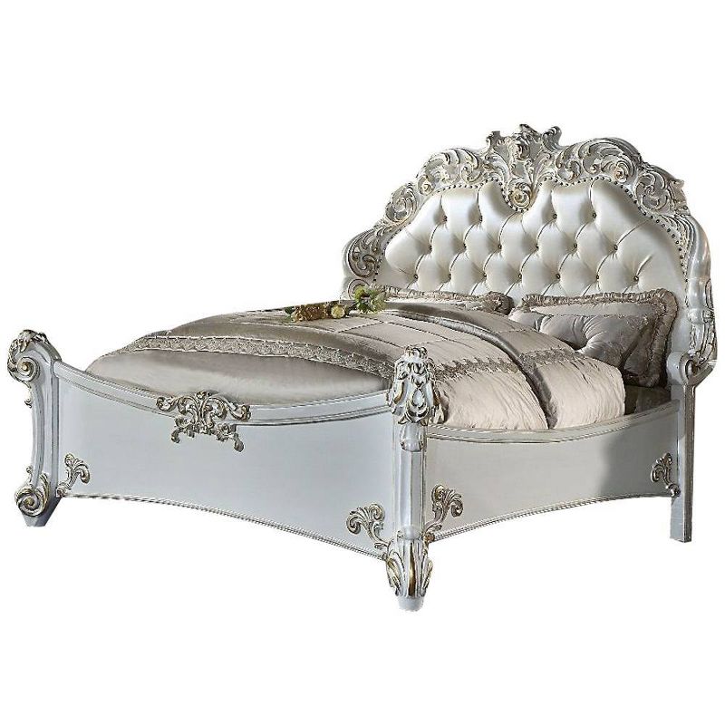 100&#34; California King Bed Vendome Bed Synthetic Leather and Antique Pearl Finish - Acme Furniture, 3 of 7