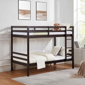 MAYEERTY Twin over Twin Bunk Bed with Ladder, Wooden Bed Frame with High Guardrail and Ladder for Kids, No Box Spring Needed, Espresso - 1 of 4