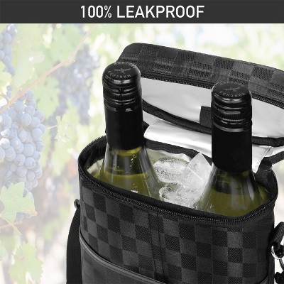 Checkered Black Insulated 2 Bottle Wine Carrier Tote