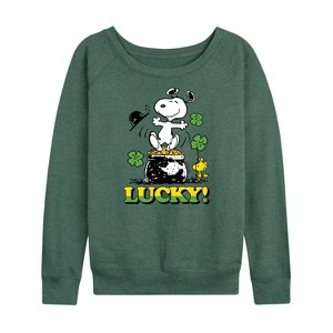 Women's - Peanuts - Lucky Lightweight French Terry Wide Neck Long Sleeve Shirt - 1 of 4