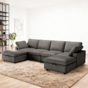Dyonery cat paw leather sofa, large combination sofa with storage stool, widened seat cushion, suitable for living room - 1 of 4