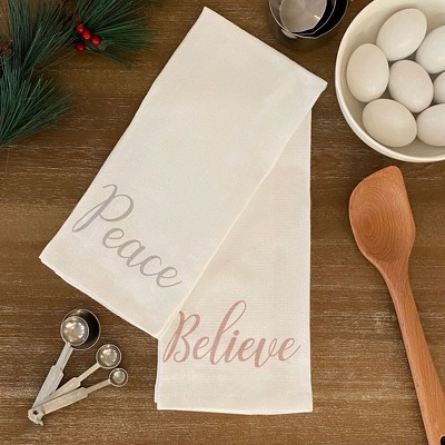 Peace and Believe Sentiments Cotton Christmas Holiday Kitchen Towels/Dish Towels/Hand Towels - Set of 2 - Elrene Home Fashions