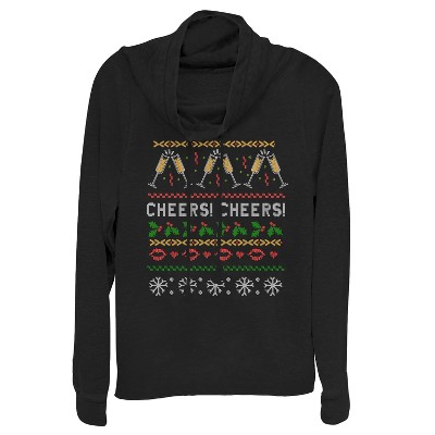 Juniors Womens CHIN UP Ugly Christmas Cheers Cowl Neck Sweatshirt