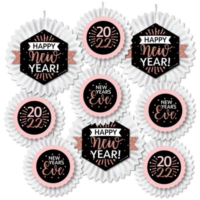 Big Dot of Happiness Rose Gold Happy New Year - Hanging 2022 New Years Eve Party Tissue Decoration Kit - Paper Fans - Set of 9