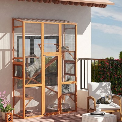 Large Wooden Outdoor Cat Enclosure with Ramps and Platforms