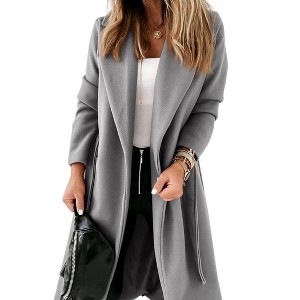 Imily Bela Womens Belted Classic Lapel Collar Open Front Long Coat Jacket - 1 of 4