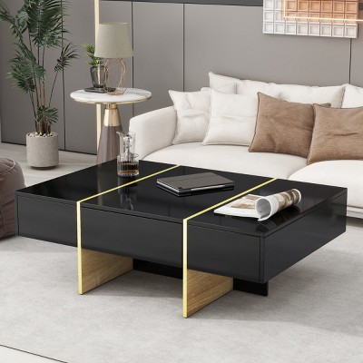 Rectangle Coffee Table With 2 Drawers,High Gloss Coffee Table With Golden Wood Grain Legs,Coffee Table For Living Room -Maison Boucle