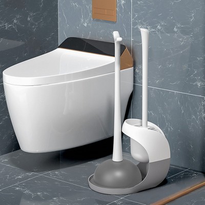 Gray and White Silicone Toilet Brush and Plunger Set with Holder