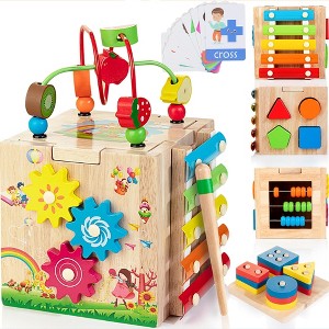 BABYYER Wooden Activity Cube, Montessori Learning Toys, Xylophone, Shape Sorter and Abacus, Educational Toys for Boys and Girls Aged 1-3 Years - 1 of 4