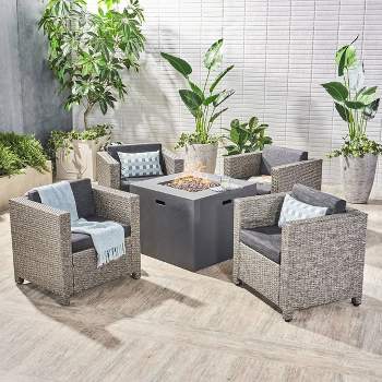 Maxwell 5pc Wicker Club Chair and Square Fire Pit Set - Mixed Black/Dark Gray - Christopher Knight Home