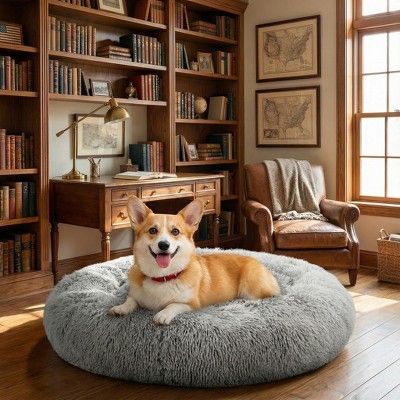 Wooakway 19"/25"/31"/37" Pet Bed for Indoor Dog Cat Donut Cuddler Soft Dog Beds with Anti-Slip Bottom Round Calming Fluffy Plush Faux Fur Cushion Bed