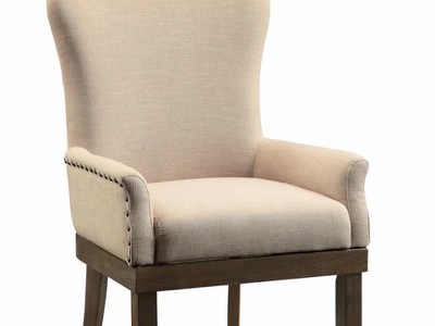 Brown Linen Upholstered Arm Chair with Wood Frame